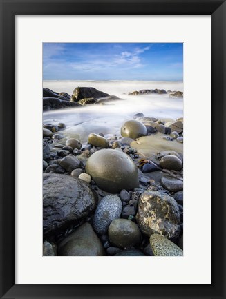 Framed Sunrise On Coast Beach And Rocks Print