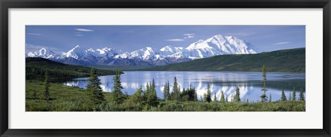 Framed Snow Covered Mountain Range At The Lakeside, Mt Mckinley, Wonder Lake, Alaska Print