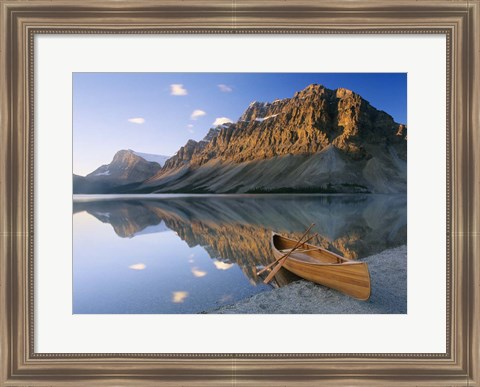 Framed Canoe At The Lakeside, Bow Lake, Alberta, Canada Print