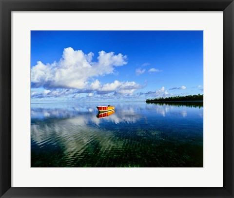 Framed Reflection Of Clouds And Boat On Water, Tahiti Print