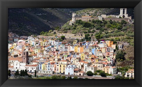 Framed Pastel-Colored Buildings And Malaspina Castle In Bosa, Sardinia, Italy Print