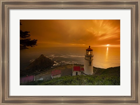 Framed Cape Meares Lighthouse At Golden Hour, Tillamook County, Oregon Print