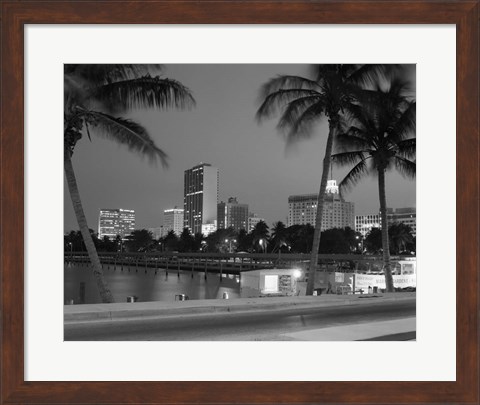 Framed Night View Skyline With Palm Trees Miami Florida Print