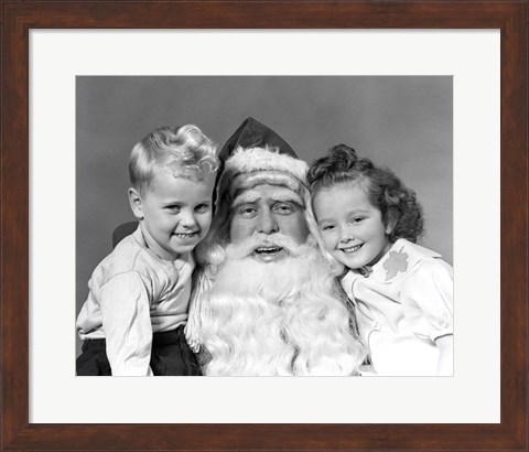 Framed Santa Claus Posing With Young Boy And Girl Print