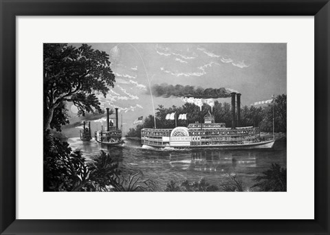 Framed Steamboats Rounding A Bend On Mississippi River Parting Salute Currier &amp; Ives Lithograph 1866 Print