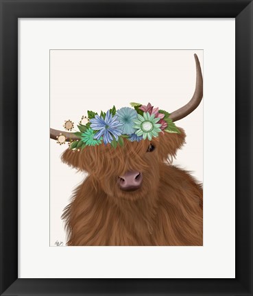 Framed Highland Cow with Flower Crown 2, Portrait Print