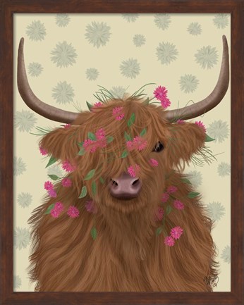 Framed Highland Cow 1, Pink Flowers Print