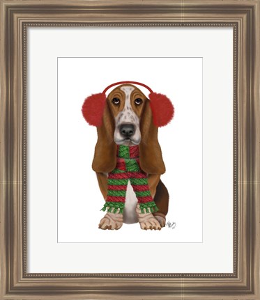 Framed Christmas Des - Basset Hound and Ear Muffs Print