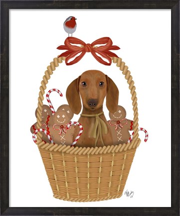 Framed Christmas Des - Dog in Basket with Gingerbread Men Print