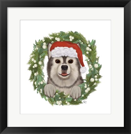 Framed Christmas Des - Husky Wreath Print