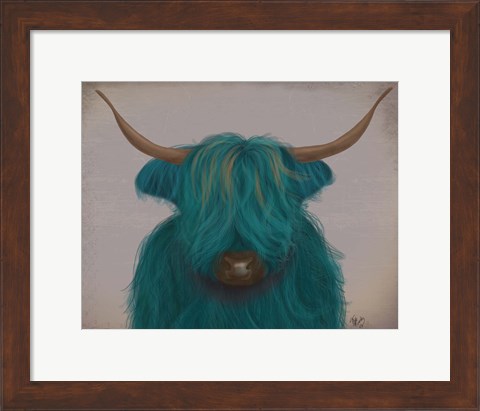 Framed Highland Cow 3, Turquoise, Portrait Print