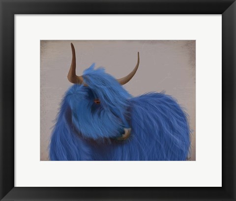 Framed Highland Cow 2, Blue, Portrait Print