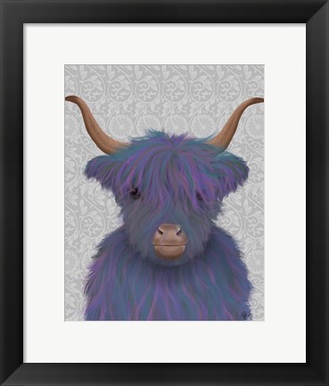 Framed Highland Cow 7, Purple, Portrait Print