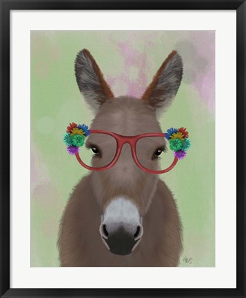 Framed Donkey Red Flower Glasses Print