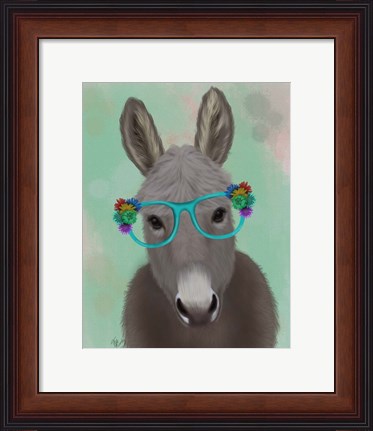 Framed Donkey Turquoise Flower Glasses Print