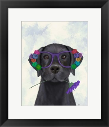 Framed Black Labrador and Flower Glasses Print