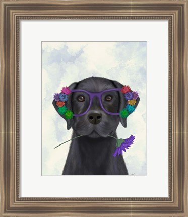 Framed Black Labrador and Flower Glasses Print