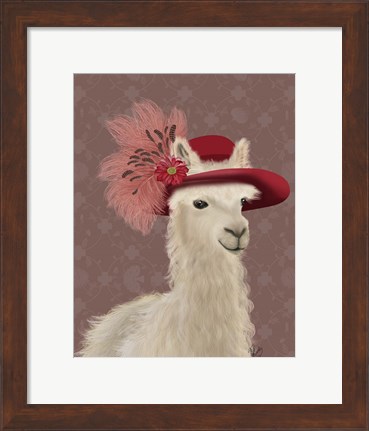 Framed Llama Red Feather Hat Print