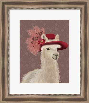 Framed Llama Red Feather Hat Print