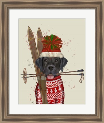 Framed Black Labrador, Skiing Print