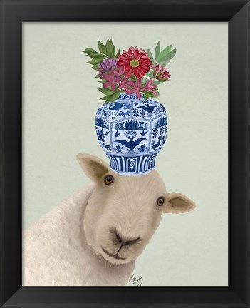 Framed Sheep with Vase of Flowers Print