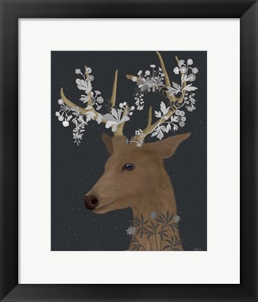 Framed Deer, White Flowers Print