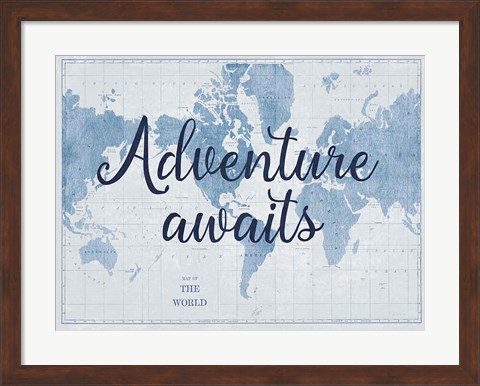 Framed World Map White and Blue v2 Print