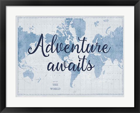 Framed World Map White and Blue v2 Print