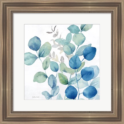 Framed Eucalyptus Leaves Navy II Print