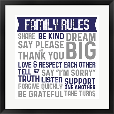 Framed Family Rules II Blue Gray Print