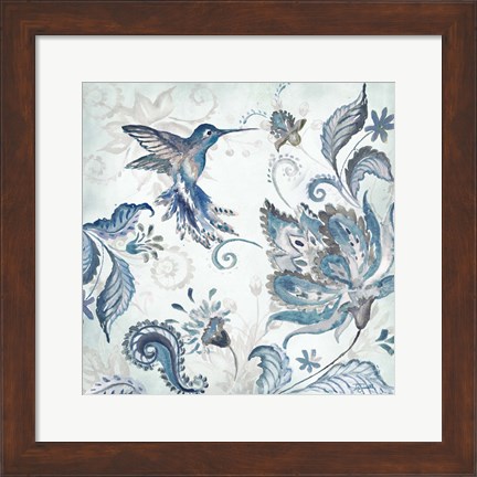 Framed Watercolor Boho Blue Hummingbird I Print