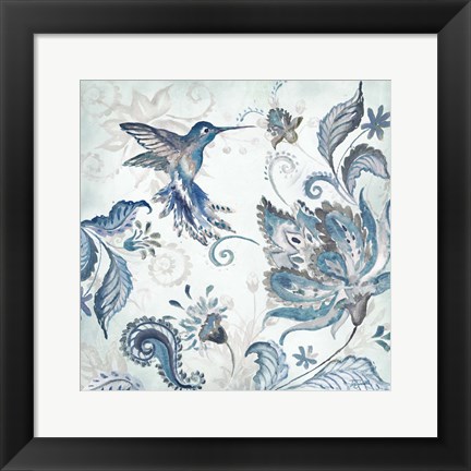 Framed Watercolor Boho Blue Hummingbird I Print