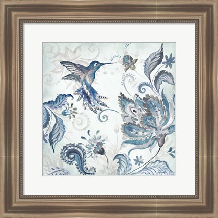 Framed Watercolor Boho Blue Hummingbird I Print