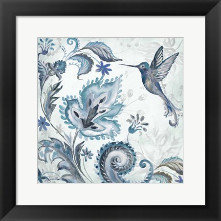 Framed Watercolor Boho Blue Hummingbird II Print