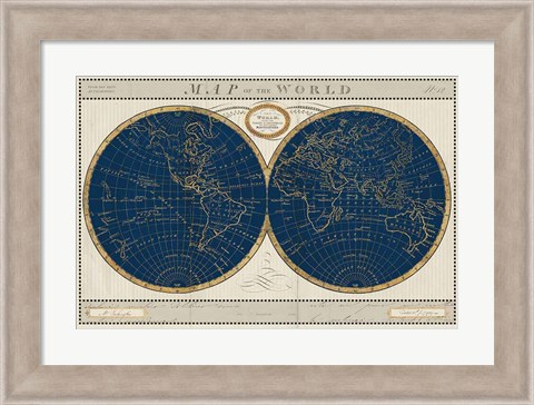 Framed Torkingtons World Map Indigo Globes Print