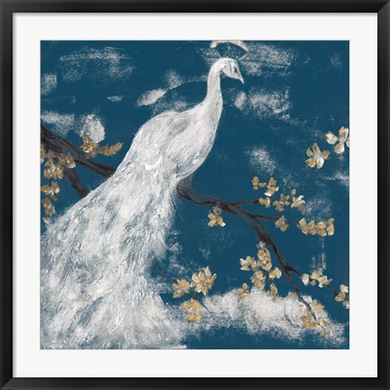 Framed White Peacock on Indigo I Print
