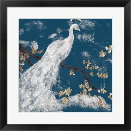 Framed White Peacock on Indigo I Print