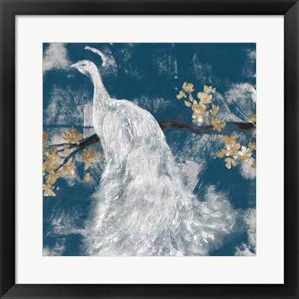 Framed White Peacock on Indigo II Print