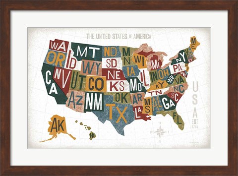 Framed Letterpress USA Map Warm Print