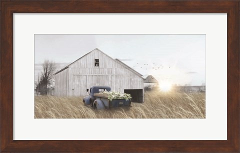 Framed Navy Blue Truck with Flowers Print