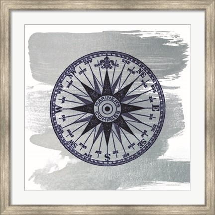 Framed Brushed Midnight Blue Compass Rose Print