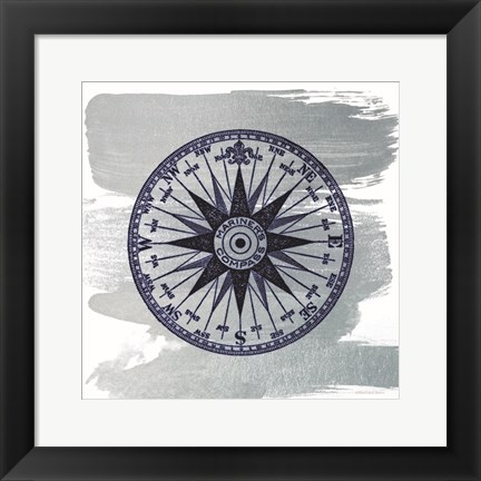 Framed Brushed Midnight Blue Compass Rose Print