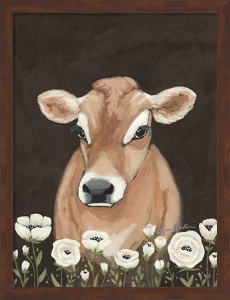 Framed Cow With Flowers Print