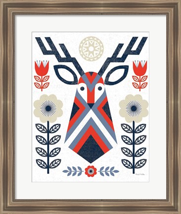 Framed Folk Lodge Deer II Red Navy Print