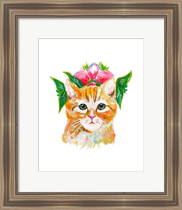 Framed Cat with Flower Crown Print