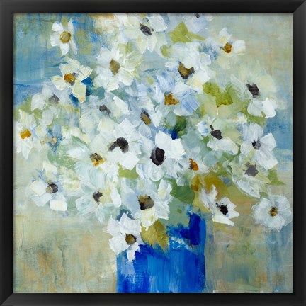 Framed Pop of White Flowers in Blue Vase Print