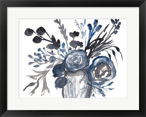 Framed Blue Roses in Grey Vase Print