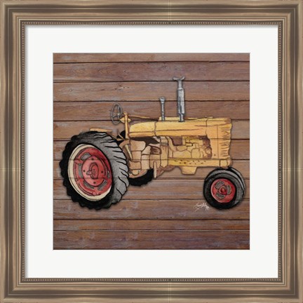 Framed Tractor on Wood I Print