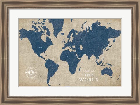 Framed Burlap World Map I Navy Print