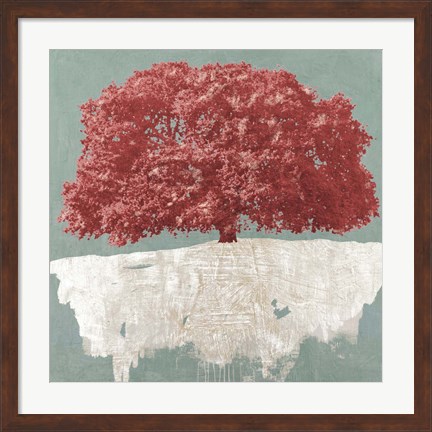 Framed Red Tree on Aqua Print